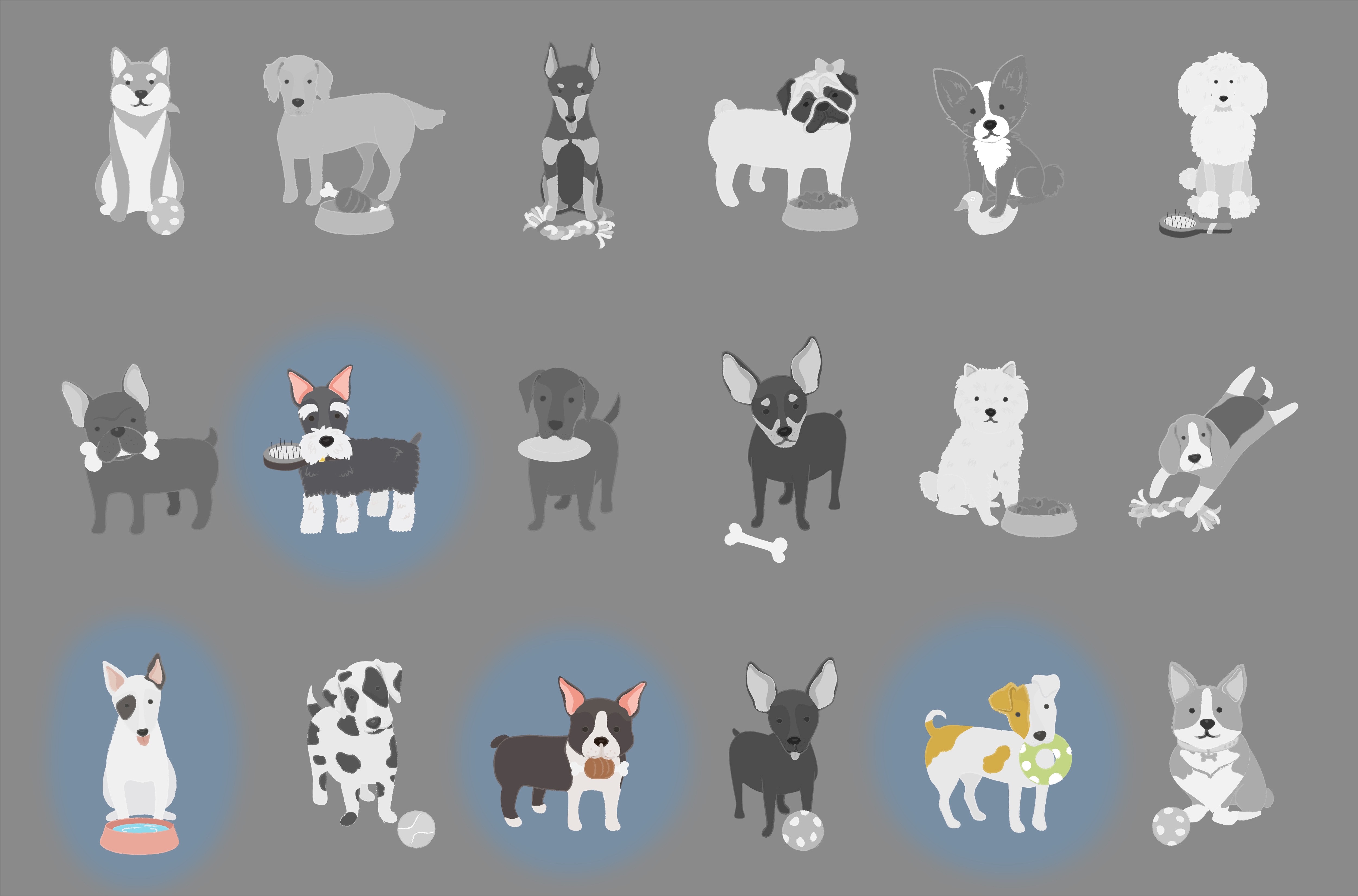 Cartoon of 18 dog breeds with only four terrier breeds highlighted